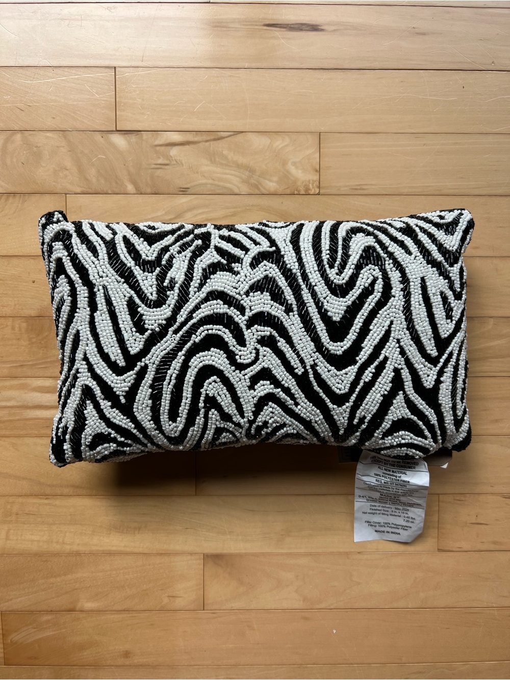 VIRAL Handmade Beaded Black & White Zebra Accent Pillow, NWT